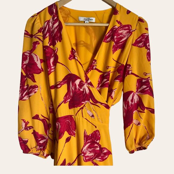 Color Me Courtney Eleanor Floral Print Yellow Wrap Midi Dress Size XS - Picture 4 of 12